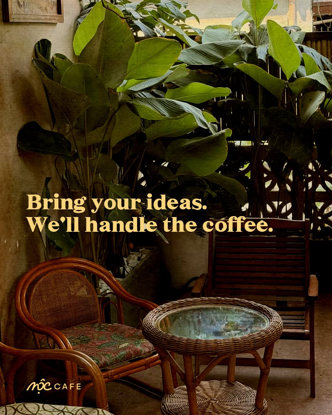 Garden exterior with rattan chairs and monstera